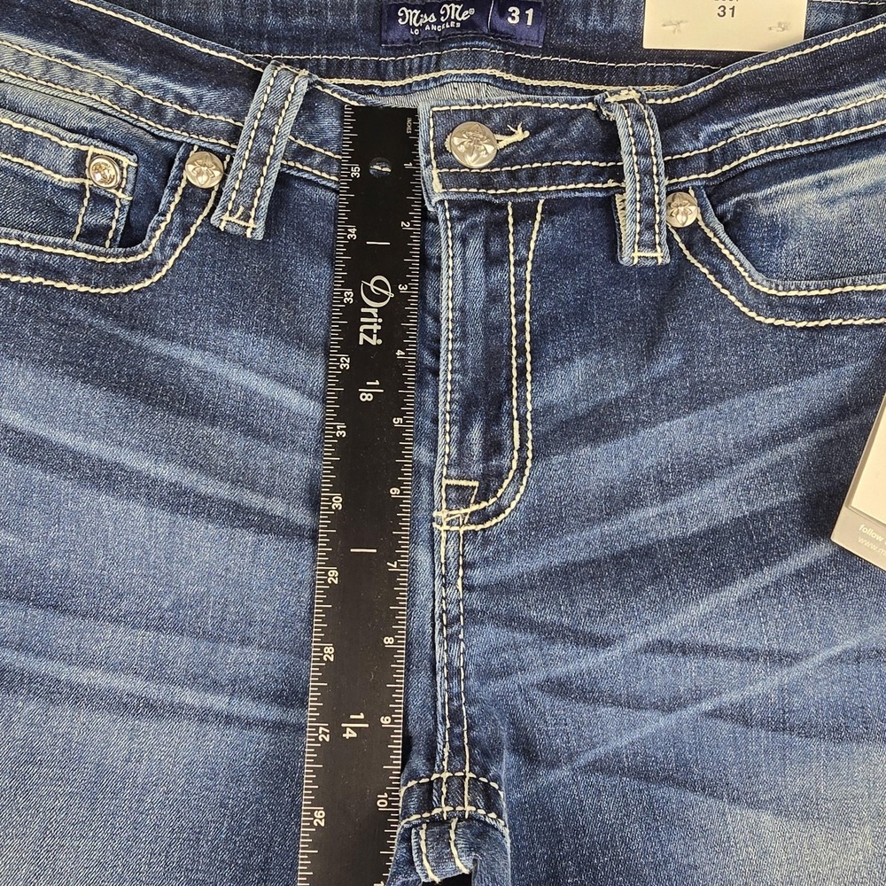 Miss Me Jeans Womens 31x32 Blue Mid Rise Bootcut Embroidered Pockets Denim NWT - Picture 10 of 13